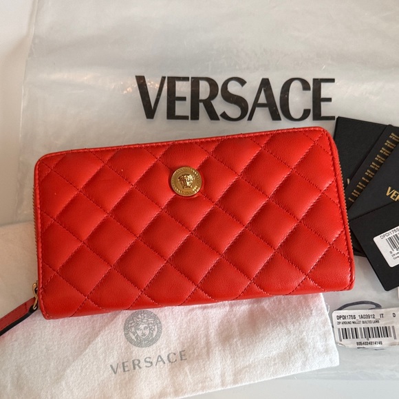 Versace Coral Orange Quilted Lamb Leather Zip Around Wallet Dustbag & Cards NWT